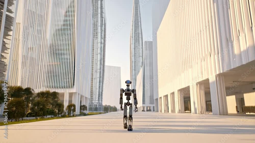 Poster a robot walks alone through a sleek, modern city filled with towering glass buildings. the setting c