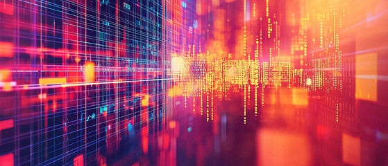 Abstract Digital Data Stream Network Grid Futuristic Technology Background Red and Orange Hues