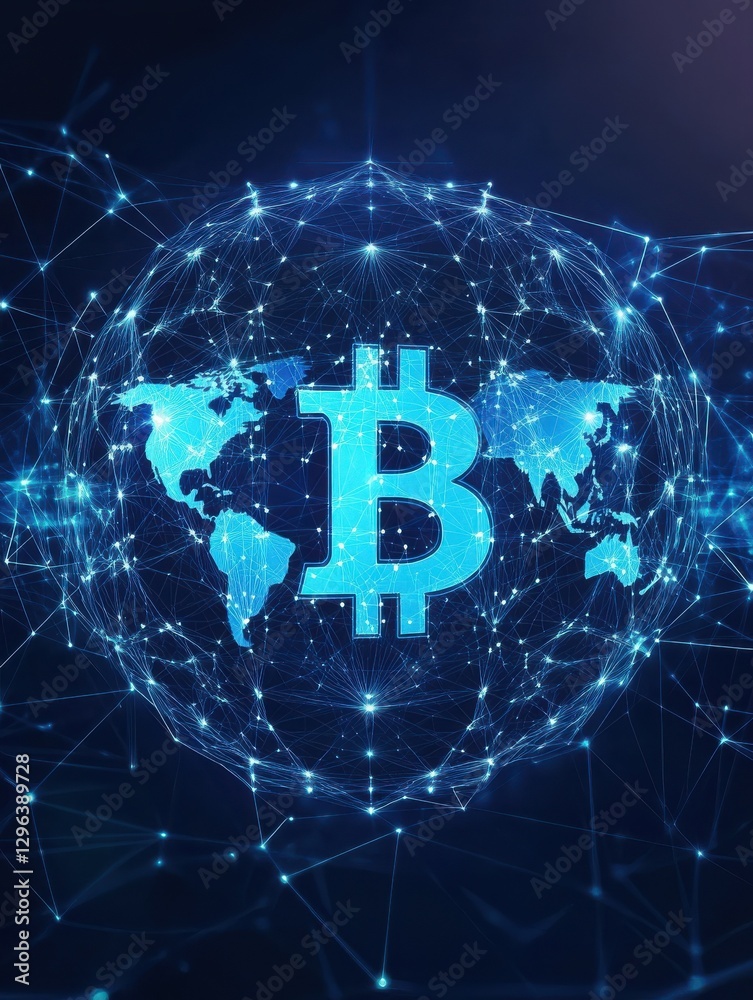 Poster blockchain technology futuristic hud background with world globe and blockchain polygon peer to peer