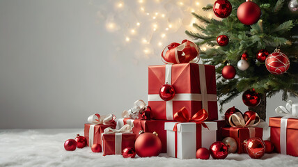 Christmas Tree with Red decorations and Gifts on White background