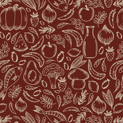Farmer's market seamless pattern with line icons. Fruits, vegetables, honey, eggs, meat and fish