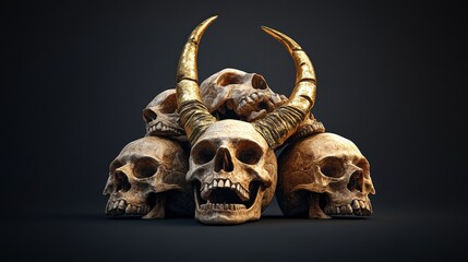 Group of human skulls arranged on a dark surface with shadows and highlights creating a dramatic effect