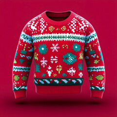 Festive red sweater featuring colorful holiday designs perfect for winter celebrations and cozy gatherings during the holiday season