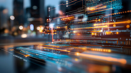 Dynamic data flow visualization urban environment digital artwork nighttime scene high-tech concept