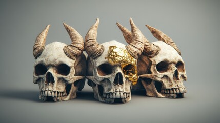 Naklejka premium Three animal skulls with horns arranged on a flat surface in a natural lighting setting
