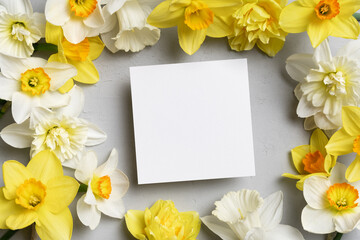 Blank square invitation or greeting card mockup with flowers, copy space for card design