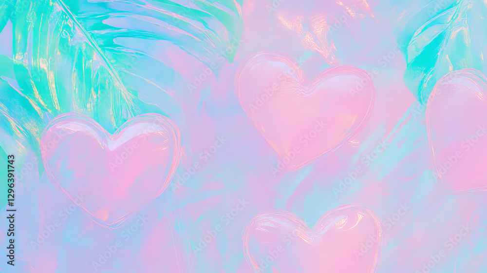 Poster pastel heart pattern with soft leaf accents for background design