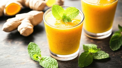 Two glasses of fresh orange juice garnished with mint and ginger on a wooden table