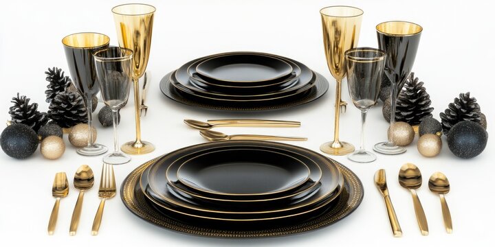 Table set with gold and black holiday dinnerware and glasses for a festive celebration.