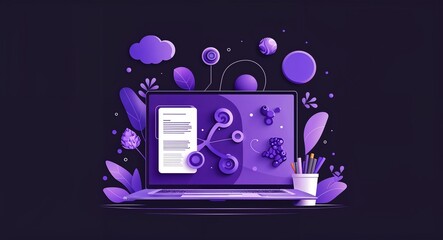 Naklejka premium purple thematic elements abstract cartoon on plain dark black background illustration