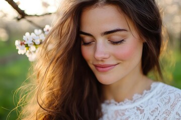 Fototapeta premium A captivating portrait of a young woman with gentle features and flowing hair, surrounded by delicate blossoms in a picturesque outdoor setting that exudes tranquility.