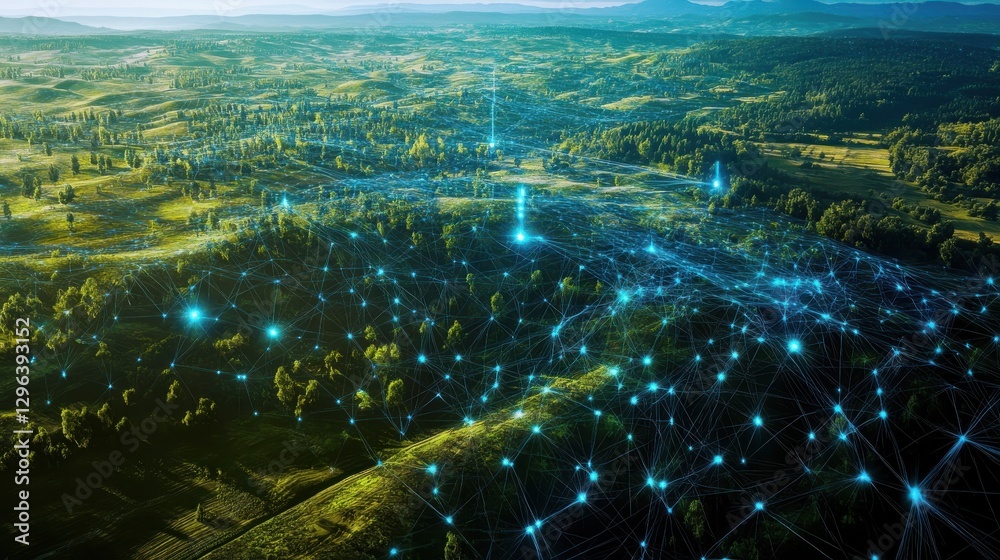 Poster a digital landscape with interconnected blockchain nodes, data flowing between them, representing th