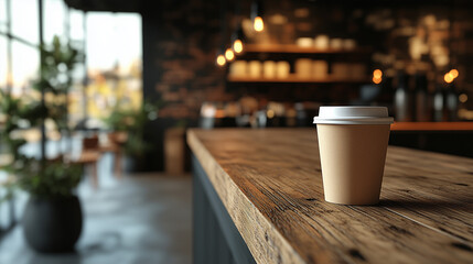 Paper cup mockup in a sleek coffee shop interior on a wooden counter