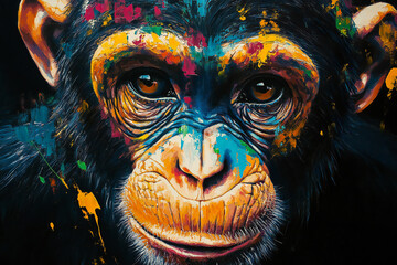 Multicolored monkey face, multicolored paint splatters, illustration on black background
