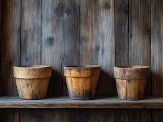 Fototapeta premium Three wooden planters are lined up on a shelf. The planters are old and weathered, giving the scene a rustic and nostalgic feel