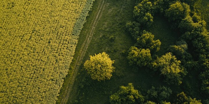 A field of yellow flowers and a tree in the middle. The field is surrounded by a dirt road
