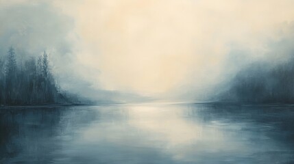 Fototapeta premium An atmospheric landscape depicts water with forested shoreline and hazy light
