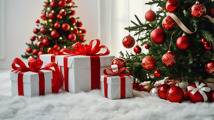 Christmas Tree with Red decorations and Gifts on White background