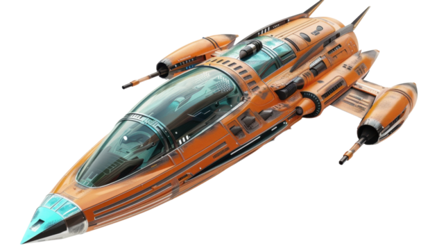 Orange futuristic spaceship flying in space with transparent background