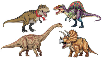 Obraz premium Pack of four dinosaurs including t-rex, brachiosaurus, triceratops and spinosaurus 