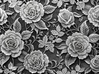 Fototapeta premium Elegant Black & White Rose Lace Pattern: Vintage Floral Textile Design