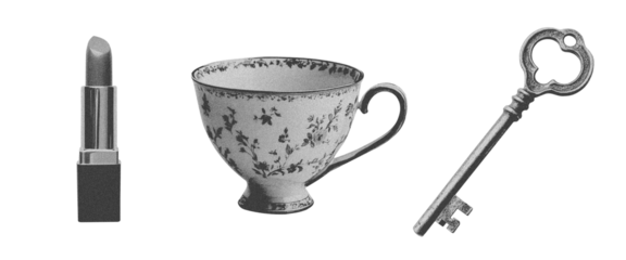 Set of elegant photocopy subjects. Elegant floral porcelain tea cup on white background. Key isolated on white isolated background in retro vintage style.