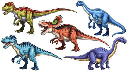 Fototapeta premium Dinosaurs png pack with five different species of dinosaurs 