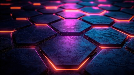 Obraz premium Glowing Hexagon Grid, Futuristic, Dark Background, Tech Design
