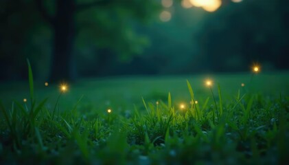 Obraz premium A few fireflies begin to twinkle in the fading green grass, serene landscape, fireflies