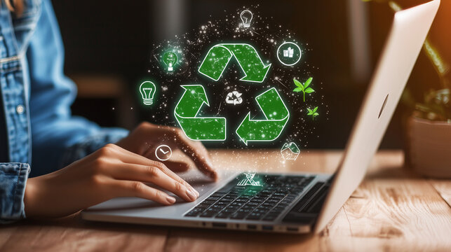 Woman using laptop eco friendly recycling concept green technology sustainability digital online
