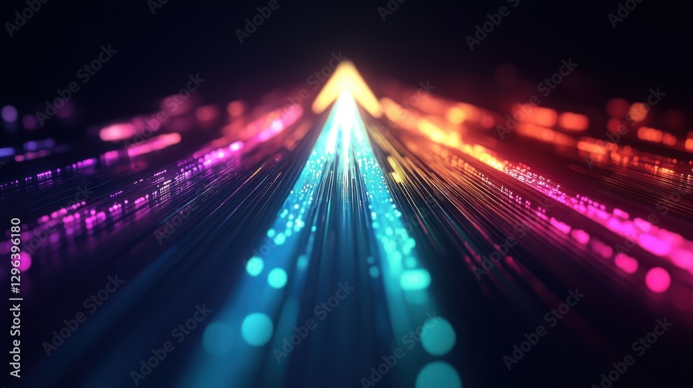 Poster a sleek arrow pointing up created by glowing beams in multiple vibrant colors giving a fast and ener