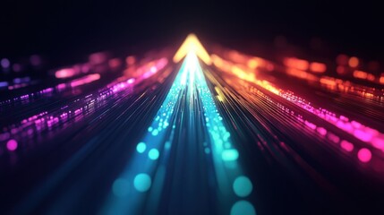 A sleek arrow pointing up created by glowing beams in multiple vibrant colors giving a fast and energetic visual impression on a dark background. Futuristic digital with a dynamic