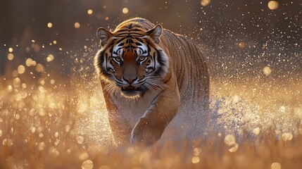 Majestic tiger running through golden water.