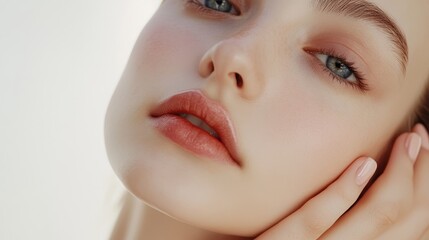 A beauty master, with gentle eyes and a skilled hand, cradles the serene face of a woman lying down against a pure white backdrop, a testament to the art of skincare and beauty.