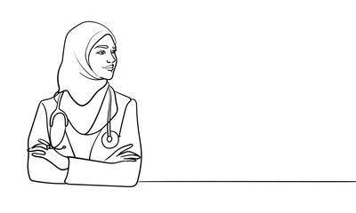 Young muslim doctor woman in burqa, continuous line art drawing. Vector illustration isolated on white background 