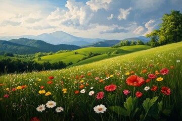 Fototapeta premium Rolling Hills Summer Meadow - Serene landscape painting of a vibrant meadow filled with wildflowers, rolling green hills, and a majestic mountain range under a partly cloudy sky. Symbolizing peace