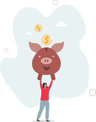 Frugality, savings for prosperity or financial success, building wealth or thrifty, budgeting or cut spending to save money for future concept.flat character life .