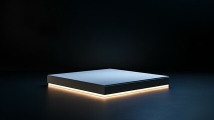 black square podium in dark room with neon lights. black square podium for product advertising