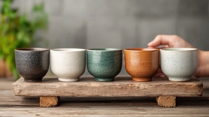 A beautiful assortment of five ceramic cups in different colors arranged on a rustic wooden display, showcasing the craftsmanship and aesthetic appeal of pottery art.