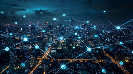 Smart City Network Illuminated Nighttime Metropolis with Connected Nodes