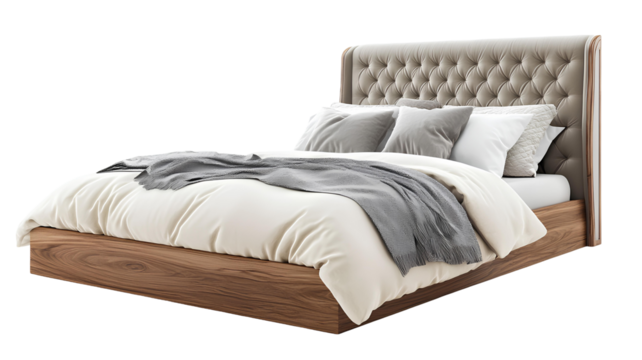 double bed with pillows on transparent background