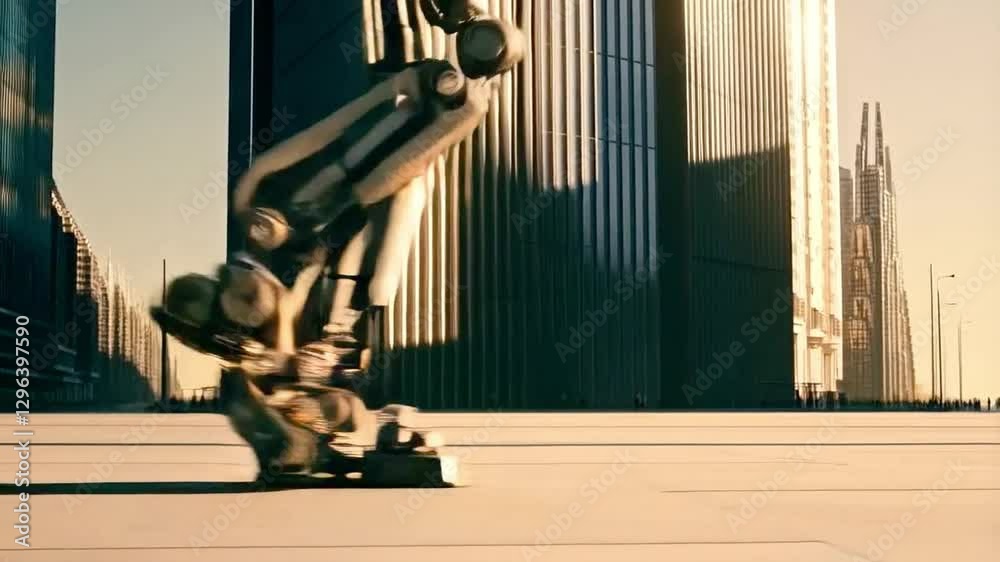 Poster a solitary robot walks along a smooth pathway in a sleek, futuristic city. towering buildings stand 