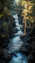 Obraz premium River flowing through a narrow, rocky canyon with moss-covered cliffs