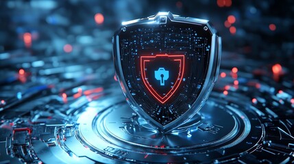 Security Shield Protection - Futuristic metallic shield with glowing security lock icon, symbolizes cybersecurity and data protection