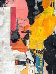 Fototapeta premium Colorful layers of torn paper creating an abstract art piece in an urban setting during daylight. Generative AI