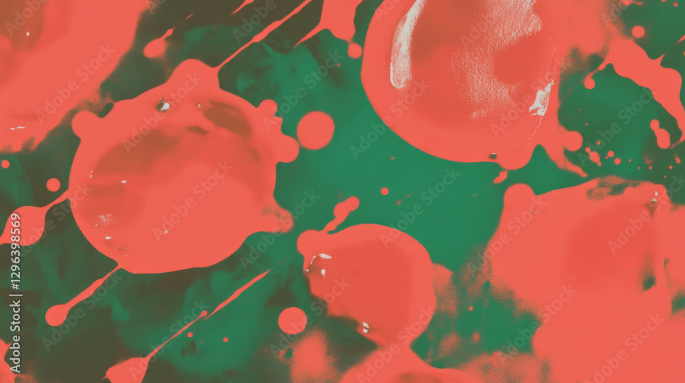 Poster vivid red and green ink blots creating dynamic abstract contrast