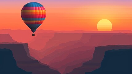 An illustration of a hot air balloon flying over a canyon at sunset.