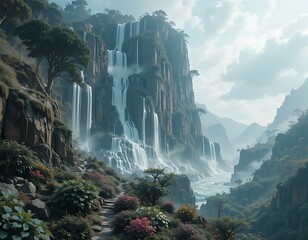 Majestic Waterfall Cascades Down Cliffs in Lush Mountain Landscape View