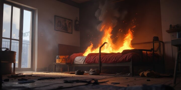 Un bombero con manguera apaga un incendio en una habitaci?n con mobiliario quemado, llamas, salvavidas