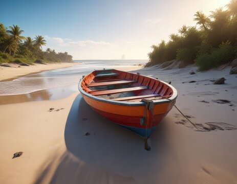 Un bote con remos en la orilla de una playa arenosa, boat in the water, nautical vessel
